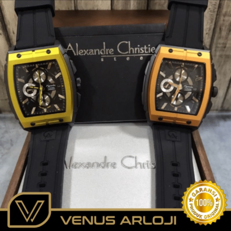 Jam Alexandre Christie AC 6598 MC RIP Pria Hitam Kuning Oren Karet Hitam Segi