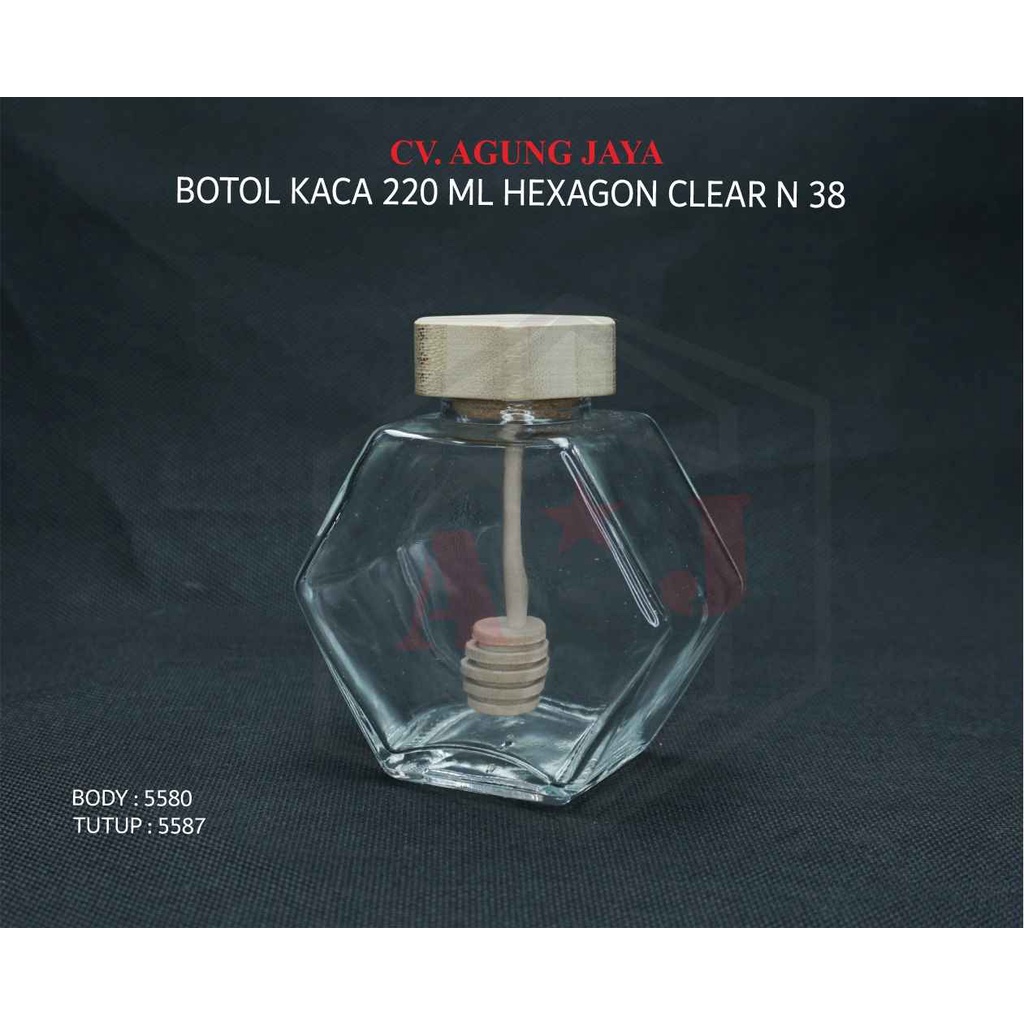 Botol Kaca Madu Hexagon 220 ml Tutup Kayu/Botol Kaca Madu