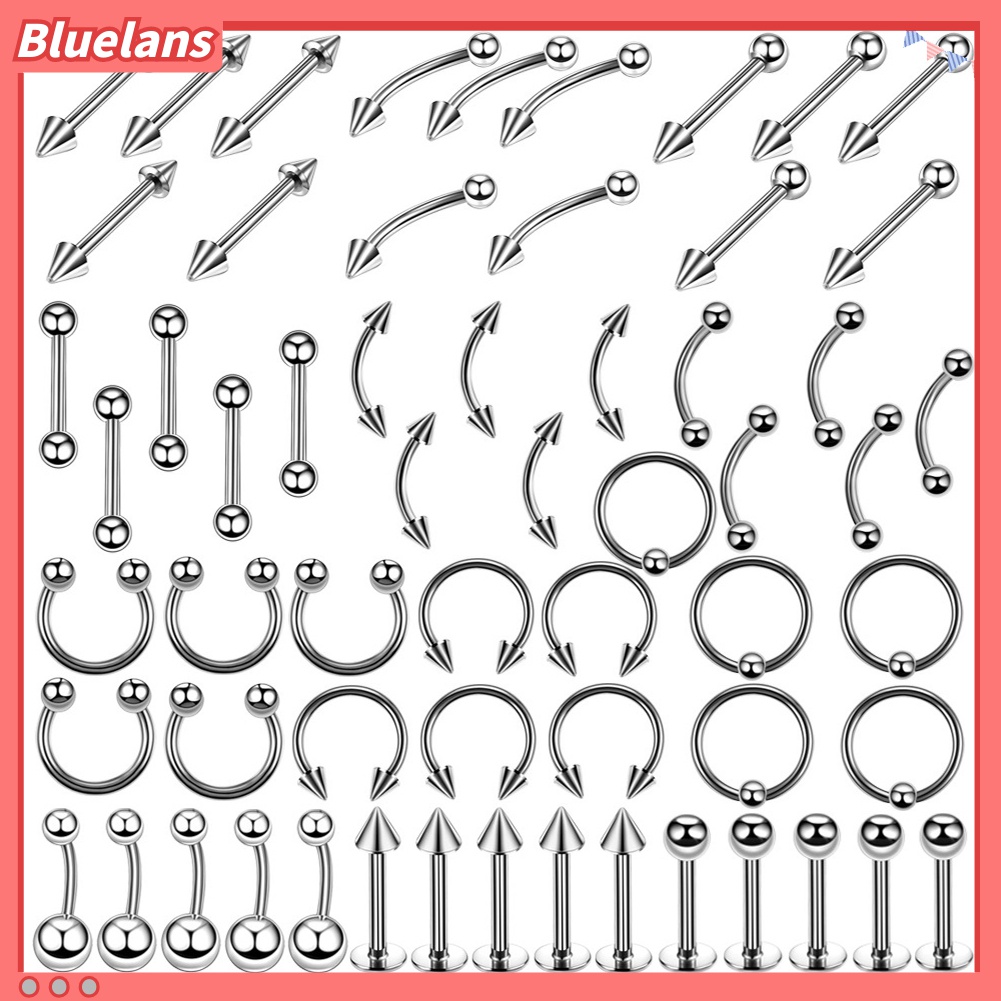 60pcs / Set Cincin Tindik Bibir Alis Kuku Hidung Bahan Stainless Steel Untuk Unisex