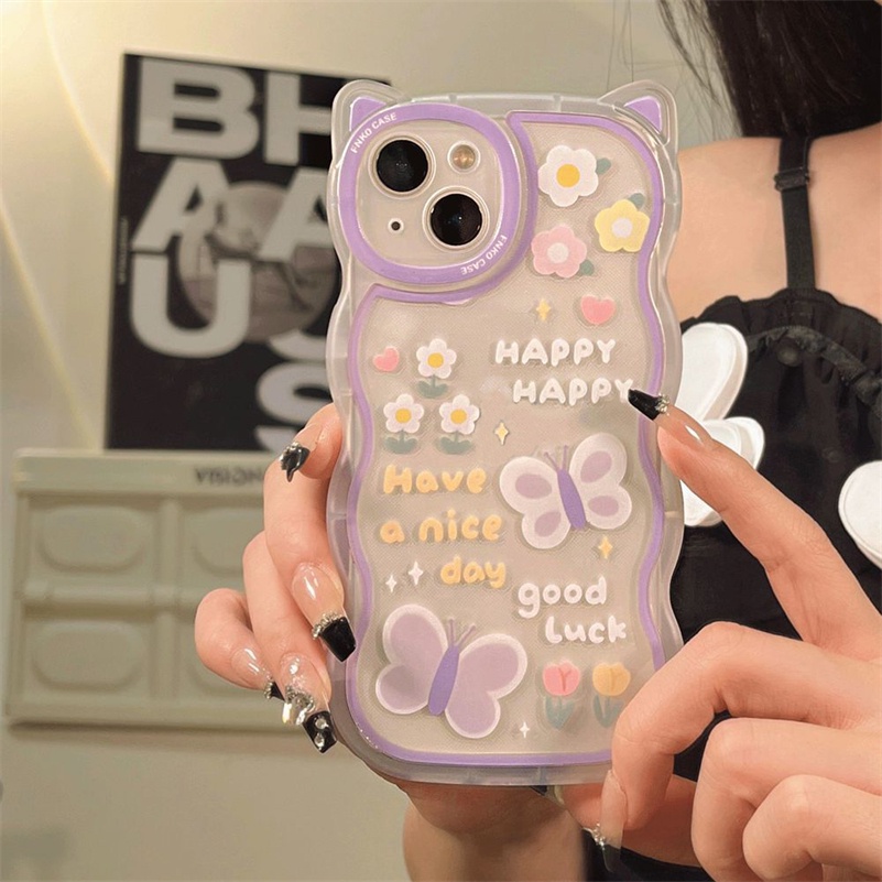 Casing Soft Case Silikon Transparan Motif Kuping Kucing / Kupu-Kupu Untuk iPhone 14 / 13 / 12 / 11 Pro Max / X / Xr / Xs Max / 8 / 7 / 6 / 6s