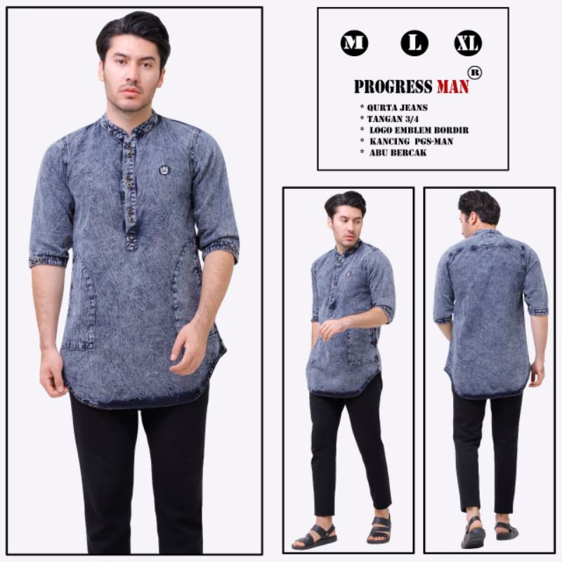 Baju Koko Denim Pria Original Progress man/Kurta Koko Pria Dewasa/Koko Jeans Pria Terbaru
