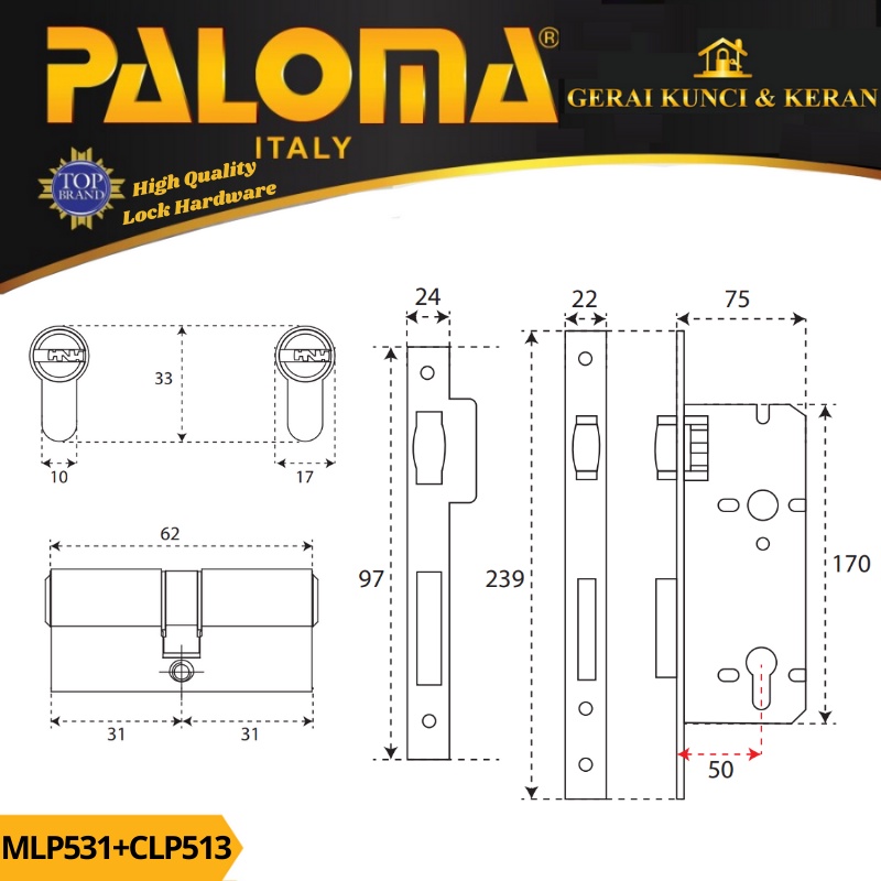 PALOMA MORTISE LOCK SET CYLINDER MLP 531 CLP 513 BODY KUNCI PELOR BACKSET 50MM CYLINDER 62MM KOMPUTER KEY GOLD