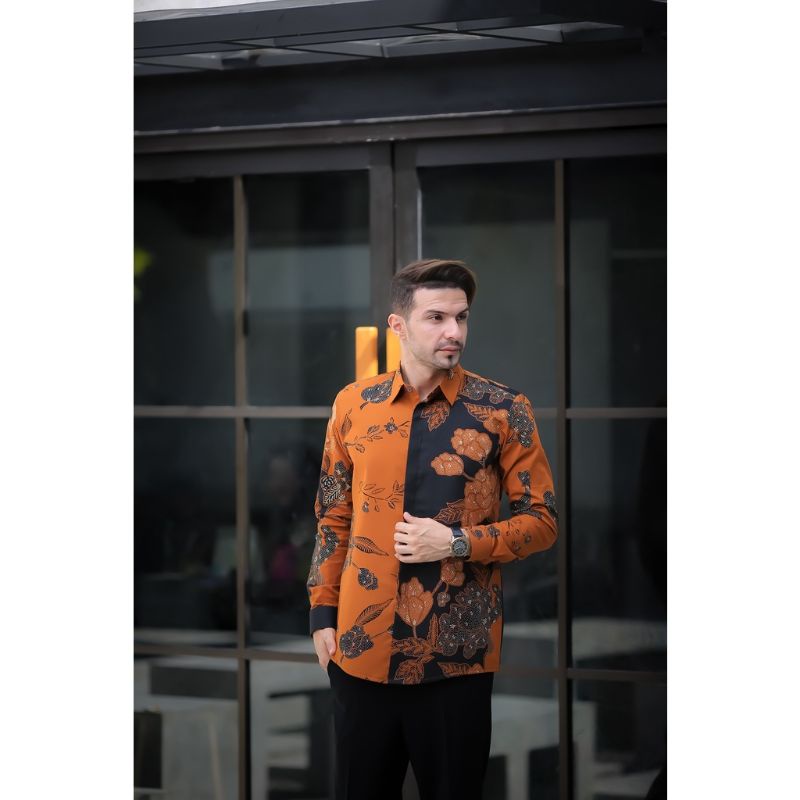 Kemeja Batik Lengan Panjang SLIMFIT Lapis Furing Katun Halus Premium Modern Sragenan KEMBANG ORANGE