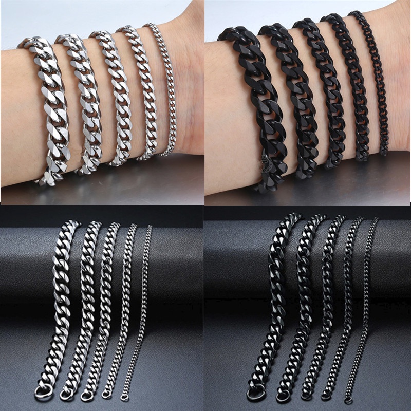 Gelang Rantai Bahan Stainless Steel Warna Silver Gaya Punk Untuk Pria