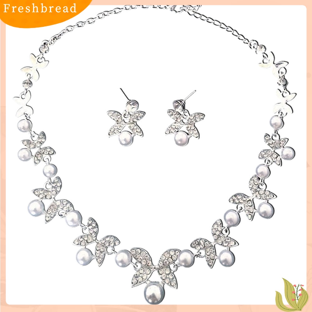 Set Perhiasan Kalung Anting Stud Rantai Mutiara Berlian Imitasi Untuk Pengantin Wanita