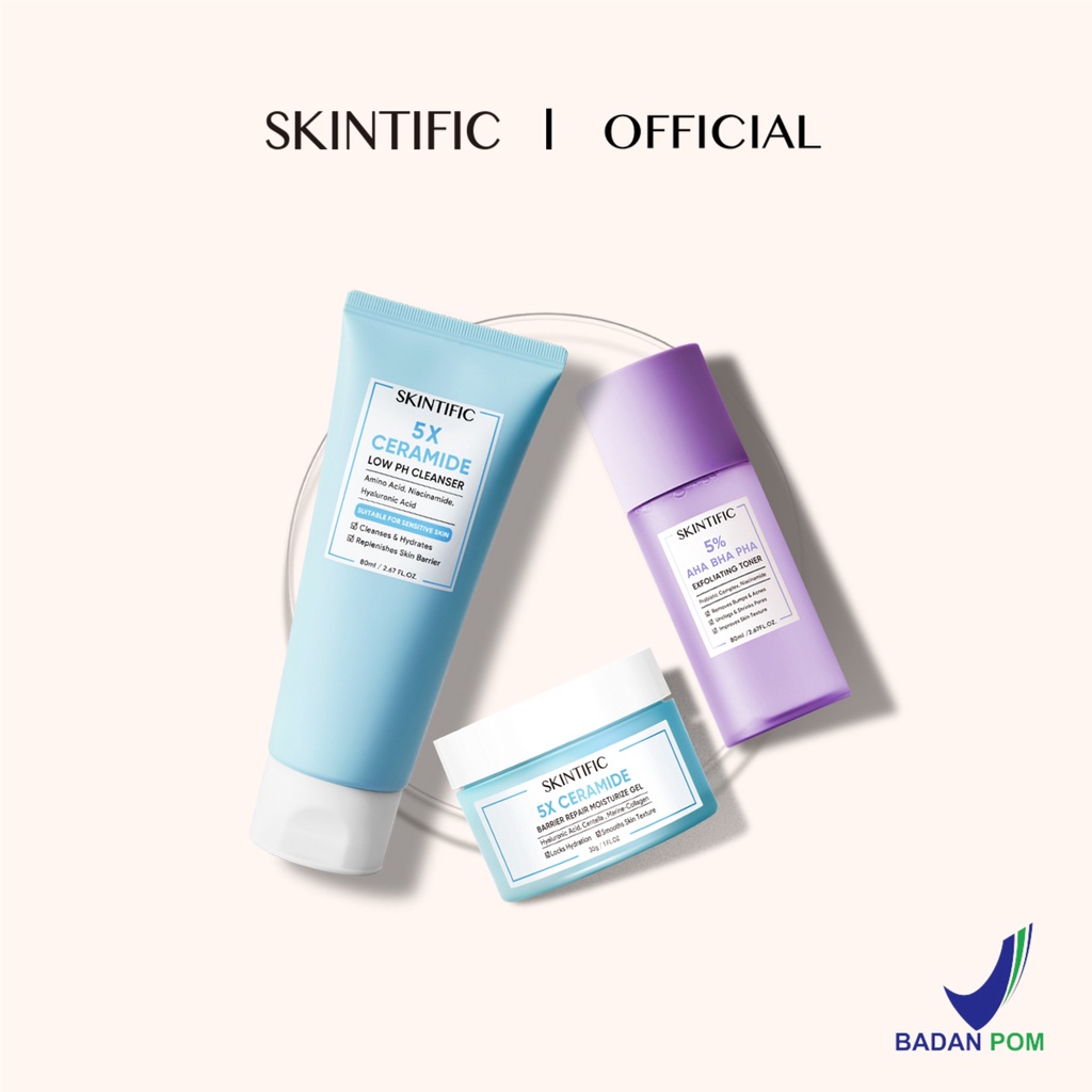 SKINTIFIC - Paket Glowing Skin with 5X Ceramide Barrier Repair Moisturizer Pelembab Wajah + Low pH Cleanser Sabun Cuci Muka+ 5% Aha Bha Pha Exfoliating Toner【BPOM】