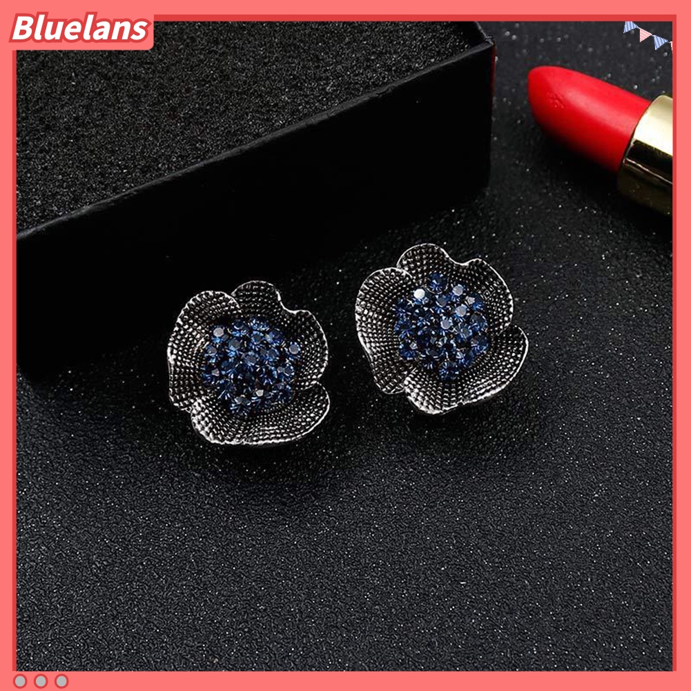 Bluelans Vintage Women Rhinestone Inlaid Rose Flower Shape Stud Earrings Jewelry Gift