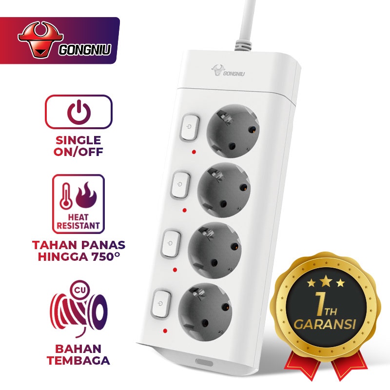 Gongniu Stop Kontak Single On/Off Power Strip 4 Lubang Kabel Colokan Listrik G3040 Tahan Panas Panjang Kabel (1.5m / 3m / 5m)  - Garansi 1 Tahun