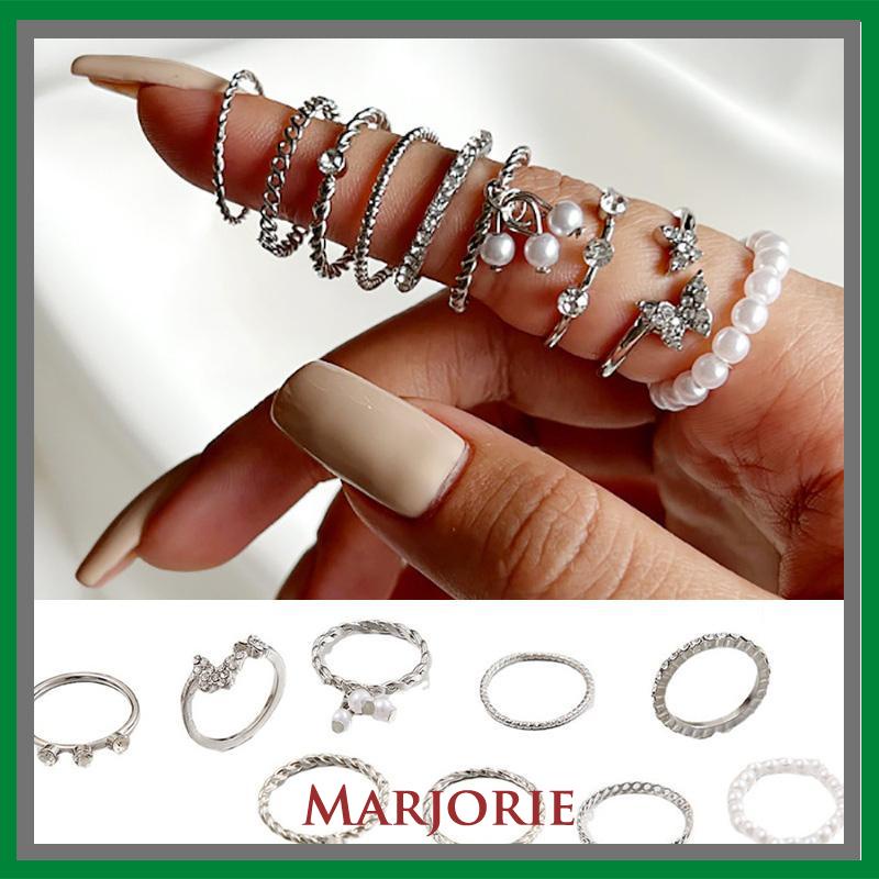 9 PCS Wanita Tipis Berongga Mutiara Kristal Kupu-kupu Berlian Premium Knuckle Ring Set-MJD