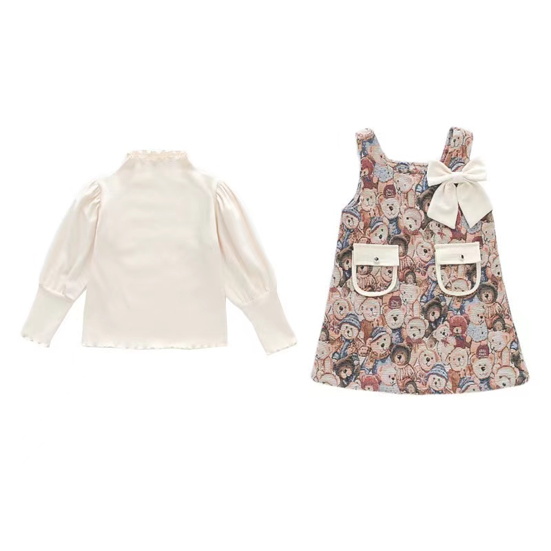 【Baru Datang】(0-4 Tahun )QZ-114 Dress Anak Cewek Gambar Bear 1 set dengan Pita disamping Elegan premium TERMURAH