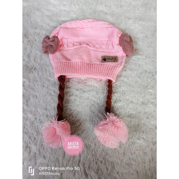 topi/kupluk bayi rajut premium tebal halus model pita kepang pompom (0-18bln)