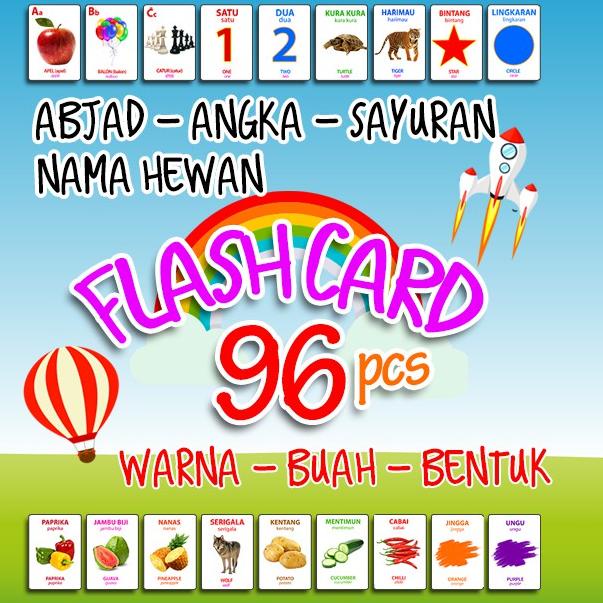 FlashCard 96 Kartu Edukasi - Huruf, Angka, Hewan, Warna Buah, Sayur 2 Bahasa Indonesia dan Inggris ‣