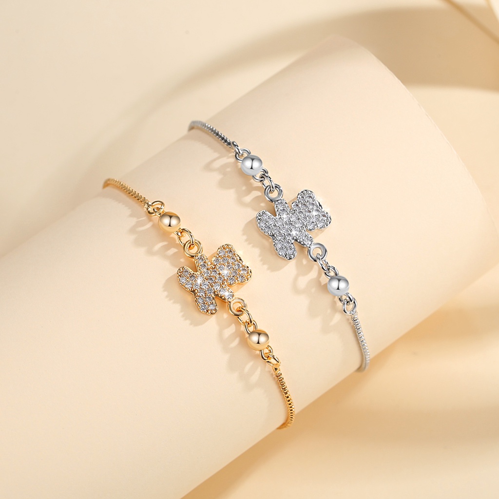 Y761 【Barang spot】Gelang Bangle Cuff Motif Beruang Gelang Serut Wanita Titanium Anti Karat Lapis Emas