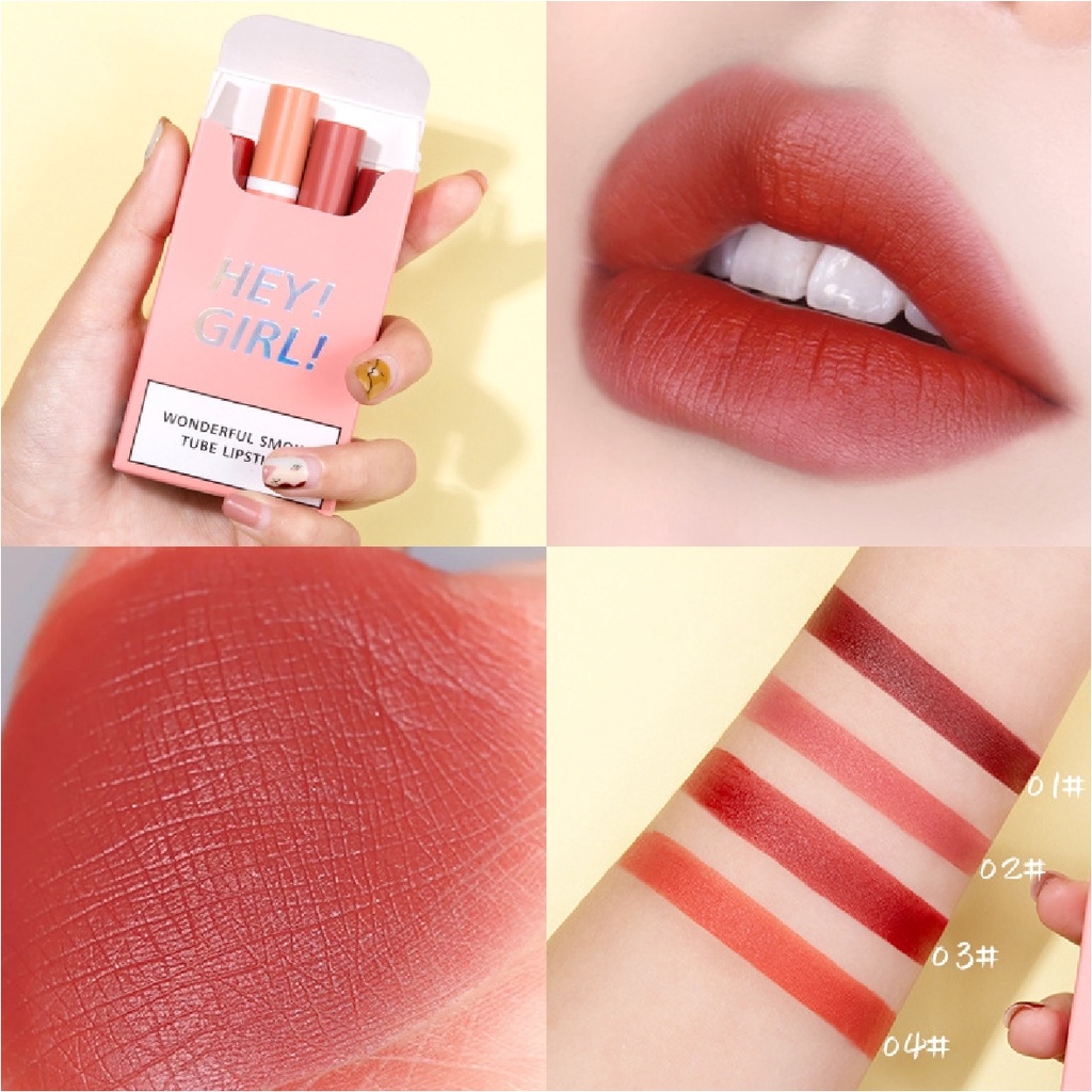 (4 IN 1) Lipstick HengFang Hey Girl Smoke Lips Lipstick Matte 4 Warna Tahan Lama Gaya Korea