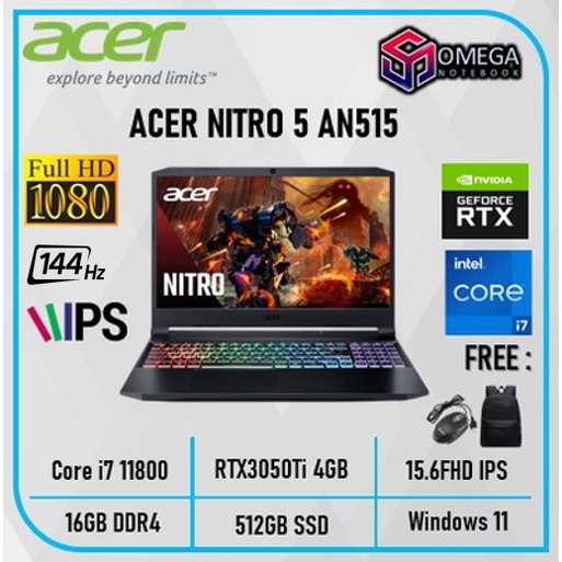 ACER NITRO 5 AN515 I7 11800 16GB 512SSD RTX3050Ti 4GB W11 15.6FHD 144Hz