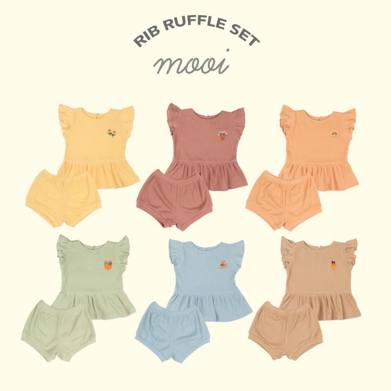 mooi rib ruffle set ,setelan anak perempuan rib ruffle set pendek , setelan mooi pendek ruffle,set anak perempuan mooi ruffle