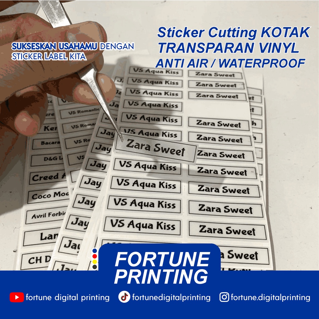 

Cetak Sticker Vinyl KOTAK TRANSPARAN ( ANTI AIR / Waterprof ) Label makanan aqiqah parfum aksesoris HP BOTOL GELAS UMKM