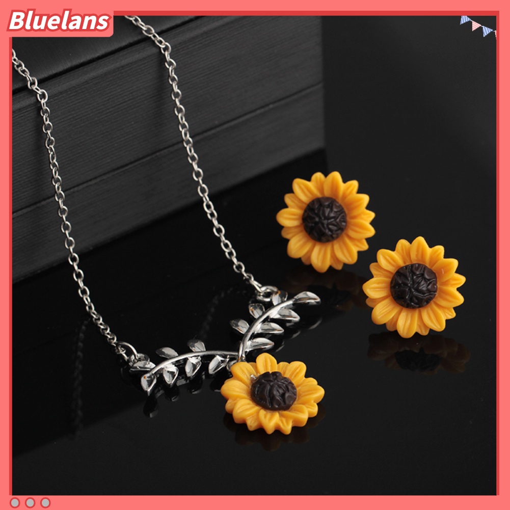 Bluelans Cute Sunflower Leaves Pendant Ear Studs Earrings Necklace Women Jewelry Set Gift