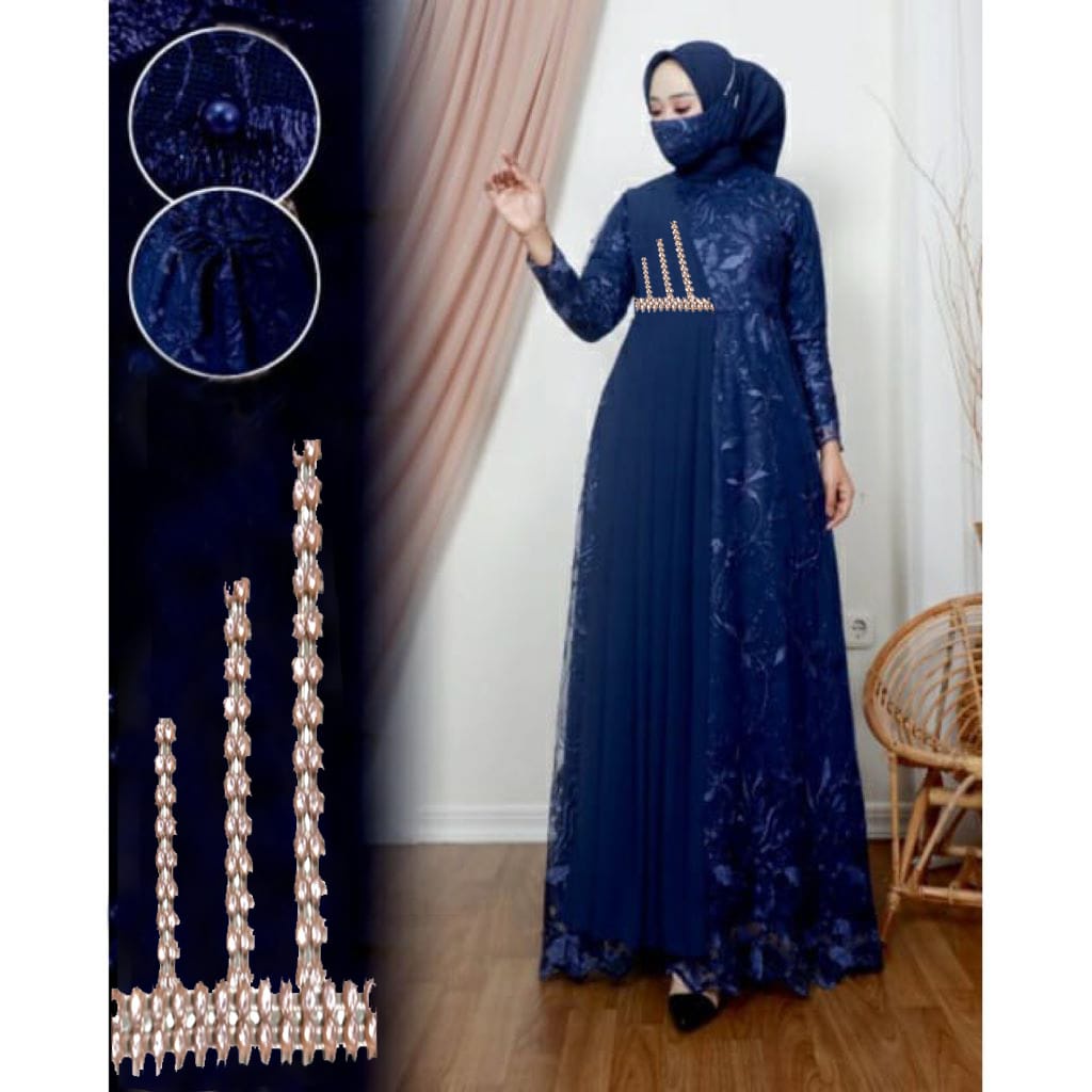 Gamis Syari Muslim CaniLLa Gamis/Dress Brukat Full Terbaru Baju Wanita Jumbo Abaya Syari Remaja Kekinian Kondangan Pesta Terbaru Bunga Cokelat Navy Putih