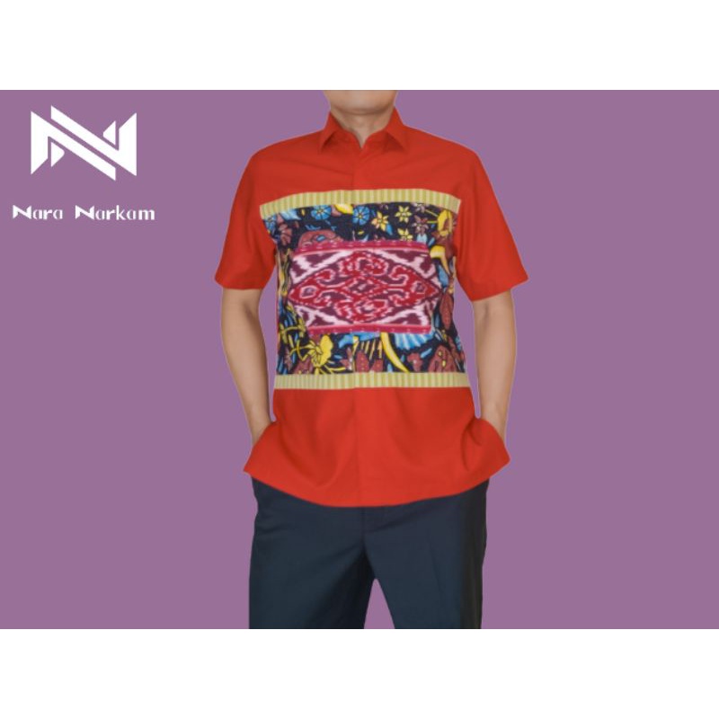 Kemeja Batik Pria Tenun Motif Lurik Red Blossom