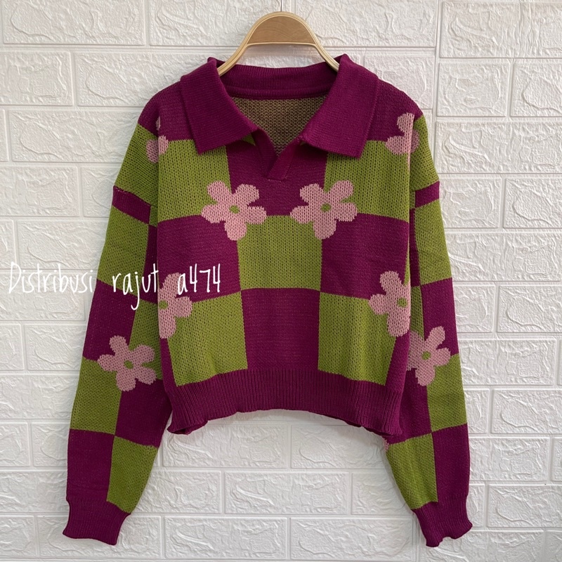 FAMELA ATASAN  SWEATER RAJUT CROP  KERAH MOTIF KOTAK KOTAK BUNGA WANITA