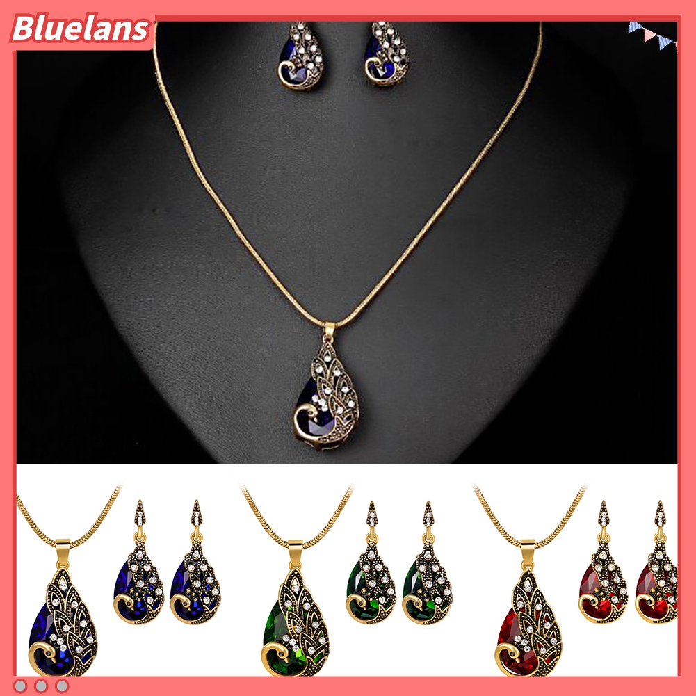 3 Pcs Kalung Anting Berlian Imitasi Bentuk Merak