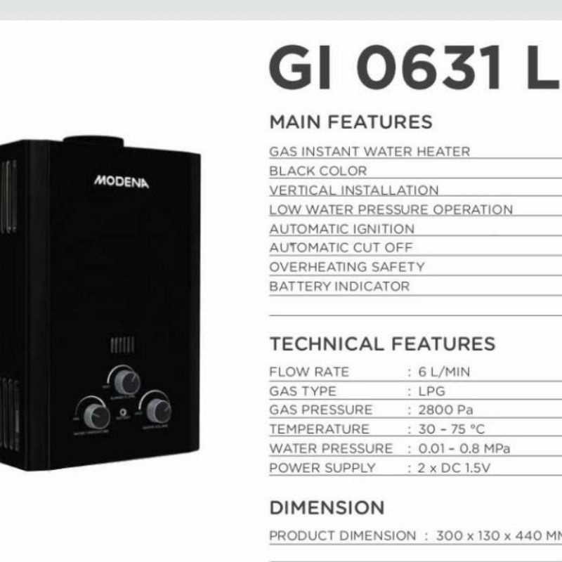 MODENA Water Heater Gas Modena GI 0631 L 6 Liter