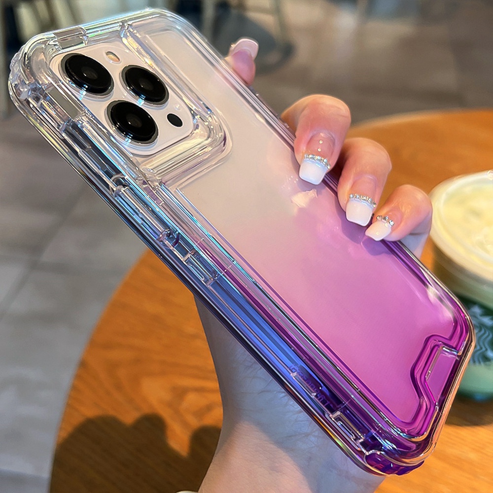3 IN 1 Case Pelindung Tahan Banting Warna Gradasi Untuk iPhone 11 12 13 14 Pro MAX