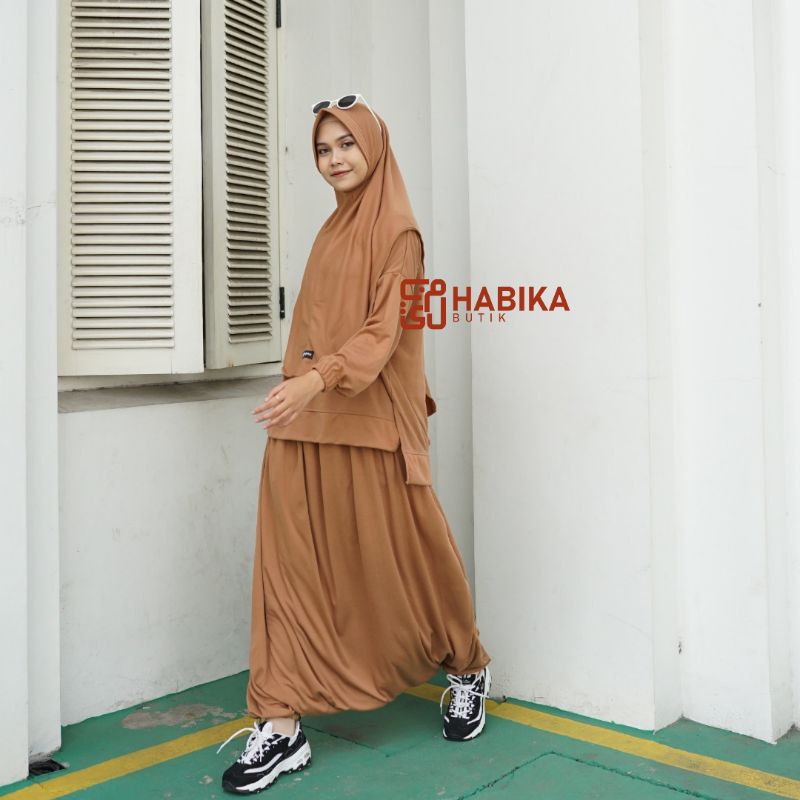 ND4 Setelan Kaos Olahraga wanita kaos+rok celana 1 set Lengan Panjang syari bahan double super
