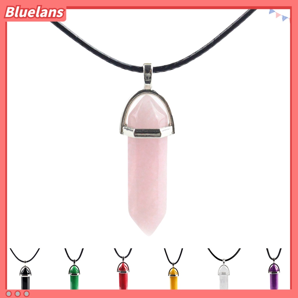 Bluelans Kalung Tali Hitam Adjustable Dengan Liontin Batu Heksagonal Alami Untuk Wanita