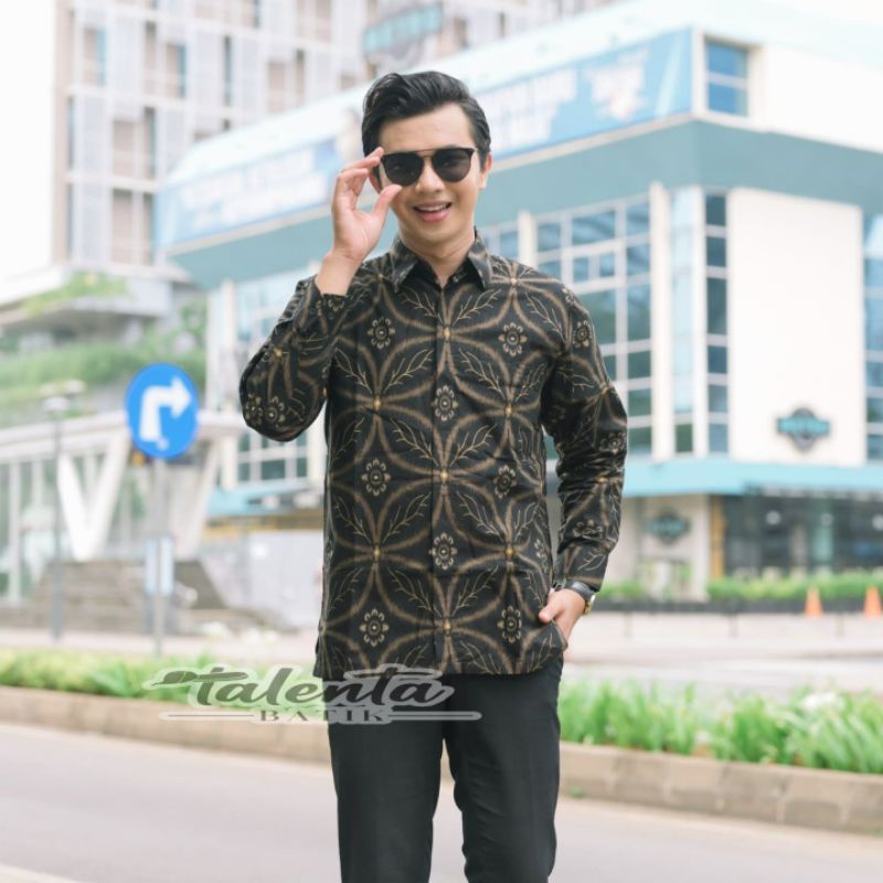 Batik kemeja pria lengan pendek&amp;panjang lapis furing bahan katun halus batik motif kawung hitam