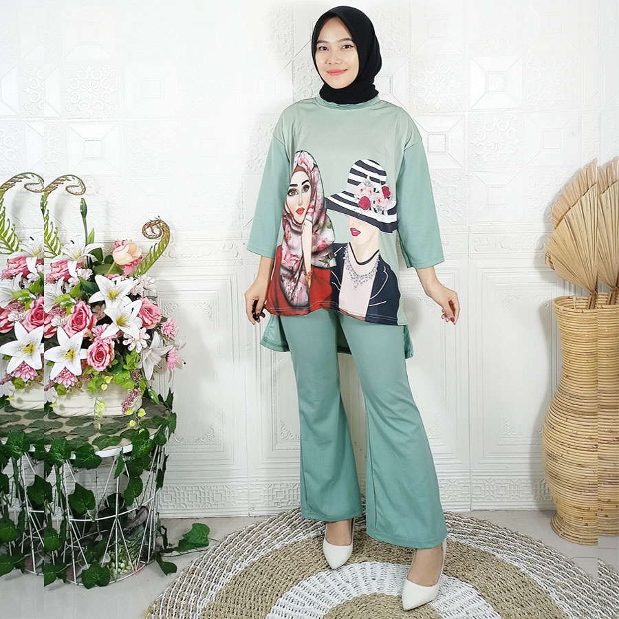 SETELAN ANIME BASIC WANITA DUA CANTIK DAN CELANA ZUBRAY PANJANG GL FASHION