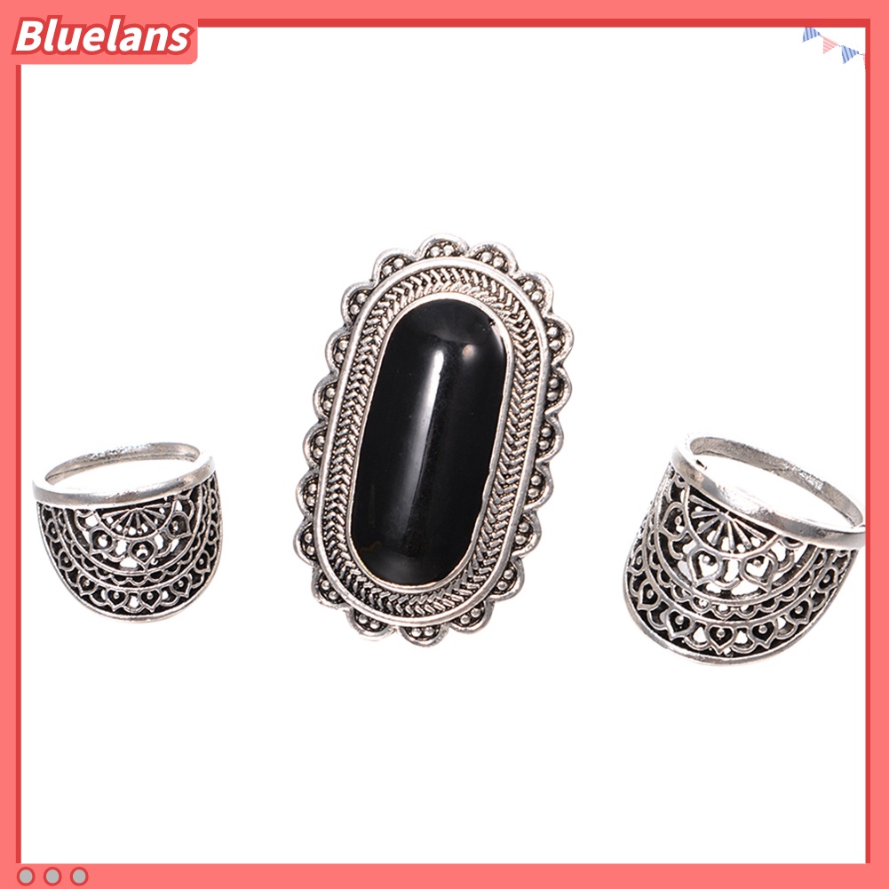 Bluelans 3Pcs Vintage Hollow Out Women Finger Ring Set Gift Rhinestone Party Jewelry