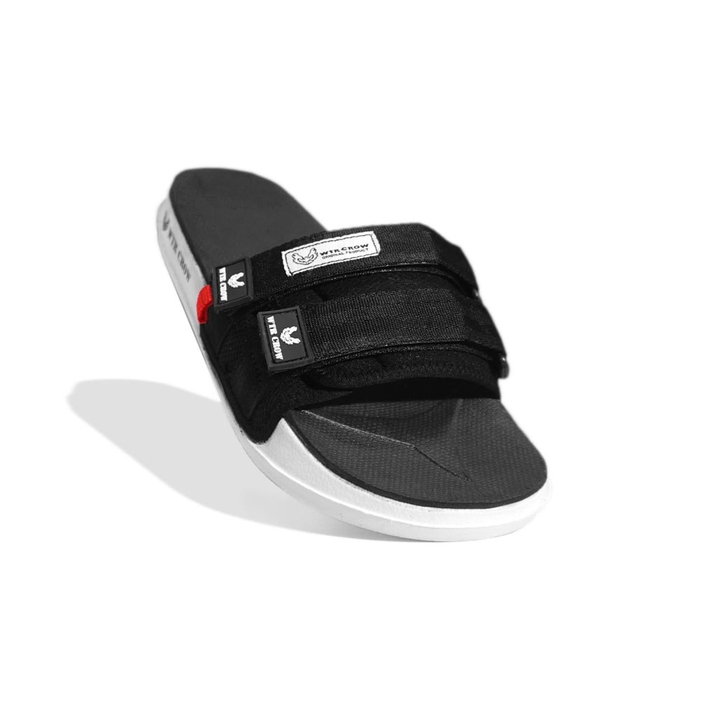 Sandal Slide Pria Slip On Simple Ringan Hitam Putih WTR Crow Colomby Black White