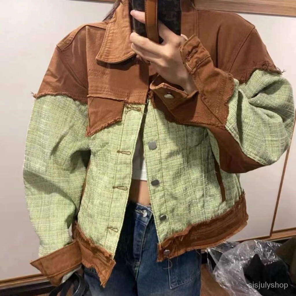 #Sisjuly# Jaket denim jaket wanita baru dupa kecil dupa angin splicing rasa longgar pasang atas