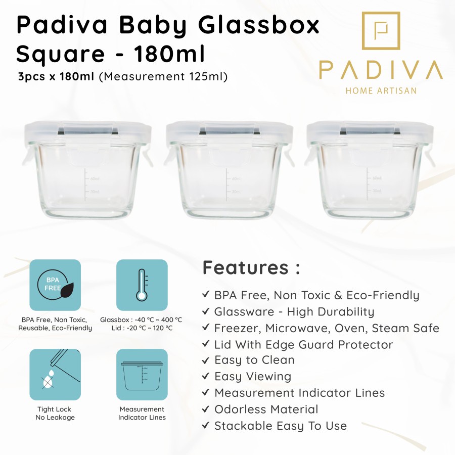 Padiva Baby Glassbox Square 180ml (3pcs)