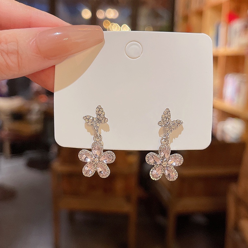 Anting Tusuk Sterling Silver 925 Desain Bunga + Kupu-Kupu Hias Kristal Zircon Mewah Untuk Wanita