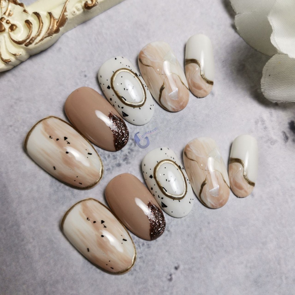 Custom Fake Nails Kuku Palsu Korean Style Marble Nail Art Press on Nails by Vanna Nails