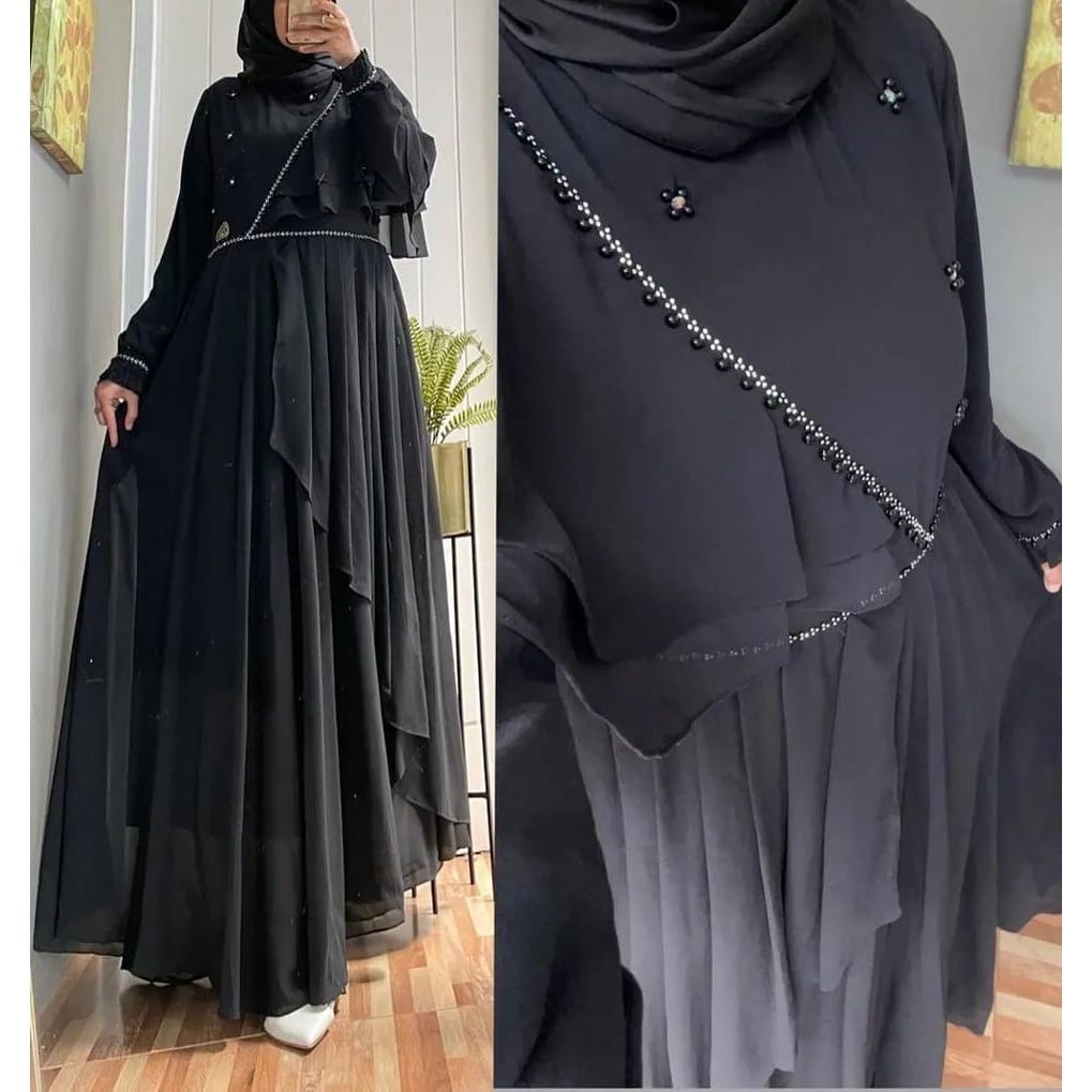 Gamis Putih Wanita Terbaru 2022 Febria Dress Ceruty Babydoll Aksen Mutiara Payet Baju Kondangan Wanita Kekinian Gaun Pesta Muslimah