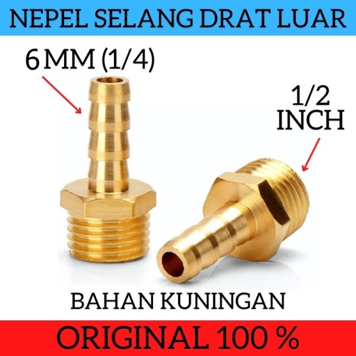 Nepel Selang Kuningan Drat LUAR 1/2 inch x 6mm 1/4in Konektor Selang