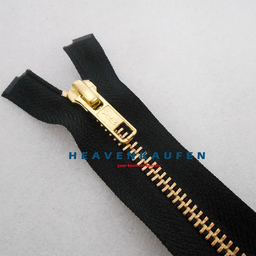 Resleting Zipper YKK 100 cm Atau 1 Meter Type Gigi Besi Hitam - Gold Emas Set Open End Buka Lepas