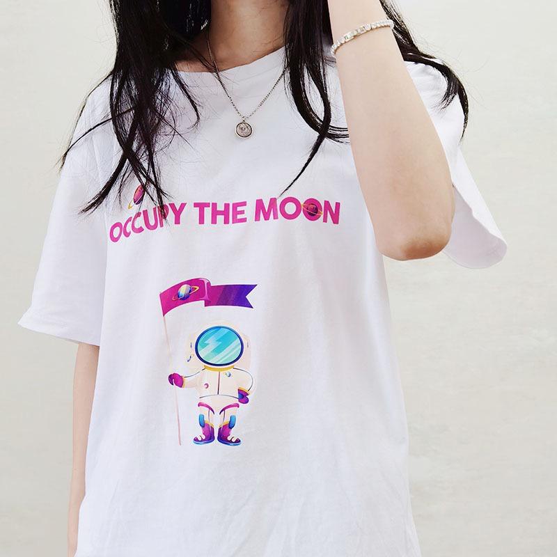 [littlecrab] Kaos Oversize Occupy The Moon Astronot Planet Bulan Bendera Saturnus Luar Angkasa Sablon Berkualitas Hitam Putih Pink T-shirt Couple Unisex Lembut Unik Korean Style