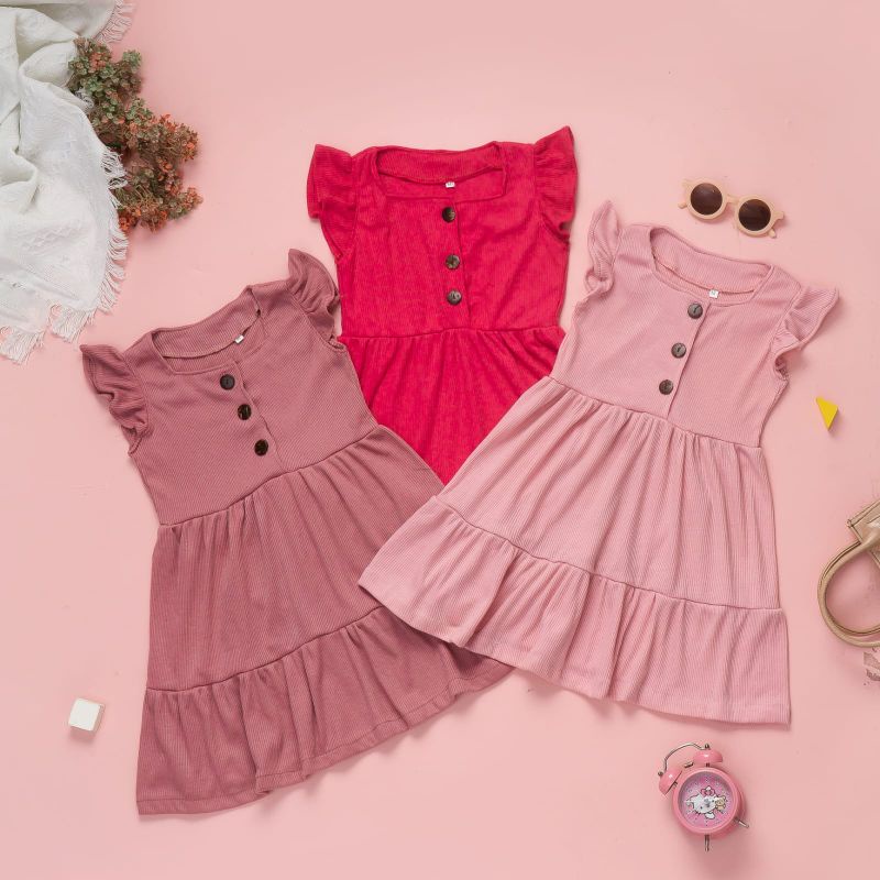 KELLY DRESS RUFFLE RIB KNIT | Dress Anak Bahan Knit 2-6 Tahun | Dress Anak Lucu Dress Anak Murah Kekinian