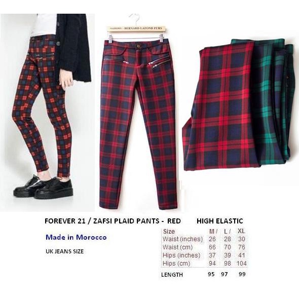 FOREVER 21 - ZAFSI PLAID PANTS BLUE RED HIGH ELASTIC Made in Morocco FO BRANDED