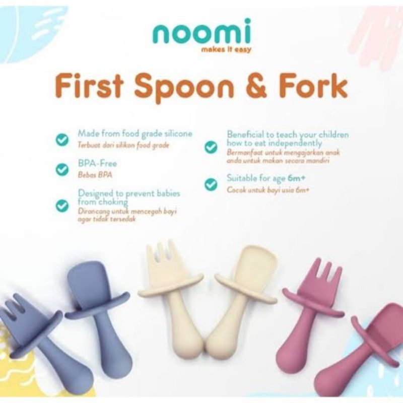 Noomi Baby First Spoon &amp; Fork Silicone - Nomi Flexible Sendok Garpu Makan Bayi Silikon - Sendok Garpu Makan Set Anak Bayi