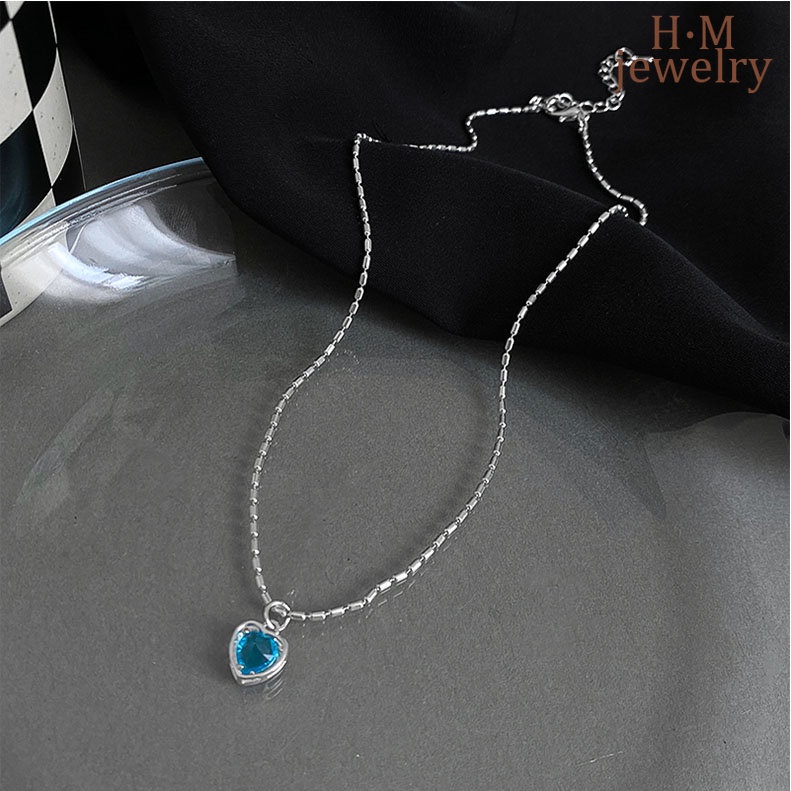 Kalung Rantai Liontin Hati Hias Kristal Zircon AAA Warna Biru Untuk Wanita 2022