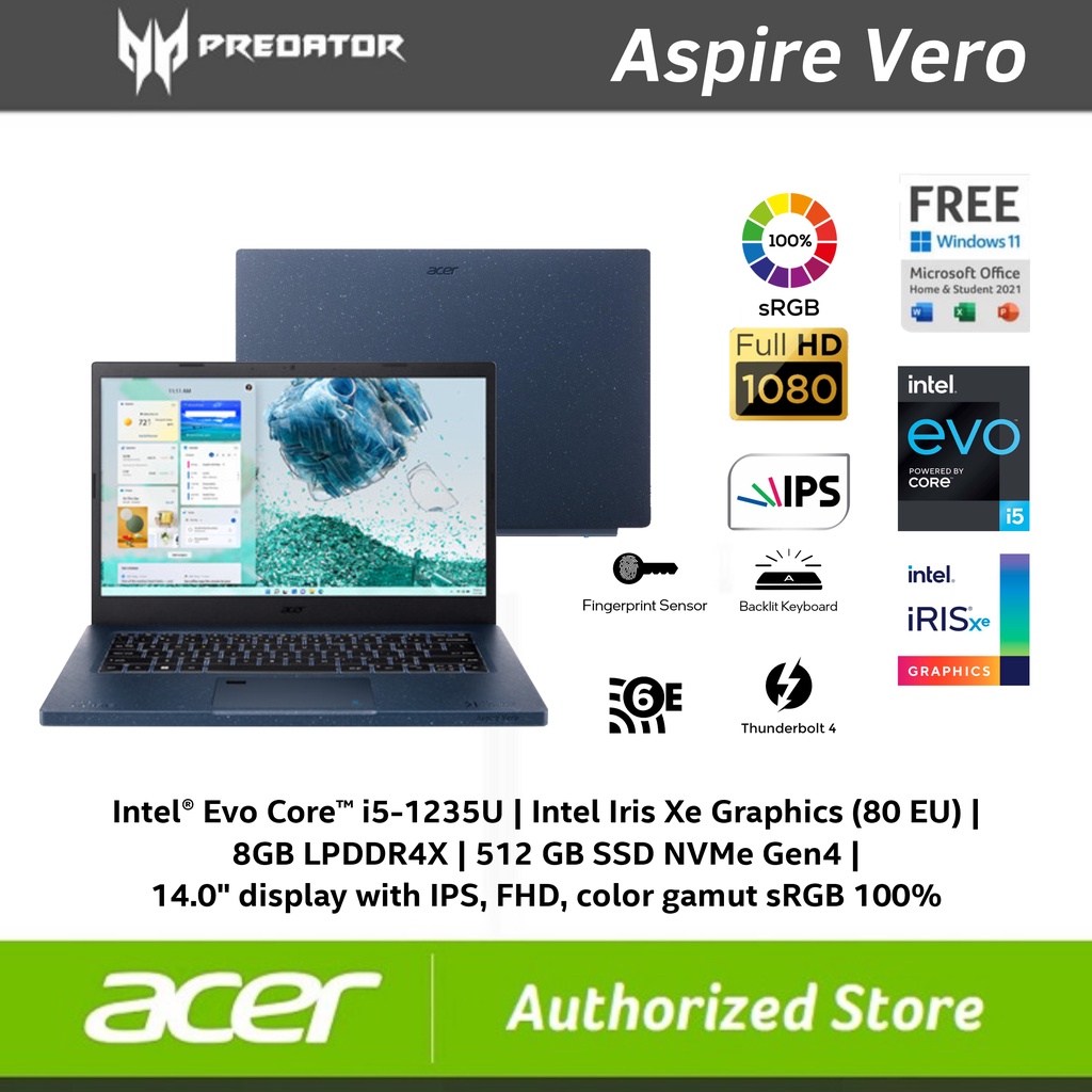 ACER Aspire Vero AV14-51-53ED Intel EVO Core i5-1335U 16GB SSD 512GB 14&quot; FHD Iris Xe W11 OHS