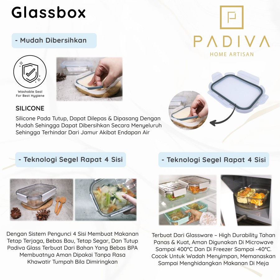 Padiva 640ml (2pcs) Glassbox 1 compartment - Kotak Kaca Microwave tahan panas Glass box 640 ml Tempat Bekel