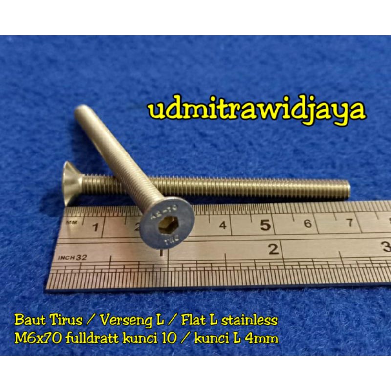 Baut flat L baut verseng baut tirus stainless steel panjang 7cm M6x70 baut speaker panjang SS baut versunk baut fulldrat tirus anti karat kode THE A2-70 stenlis