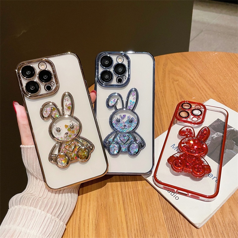 IPHONE Quicksand rabbit stand Plating Casing Ponsel Transparan Kompatibel Dengan Iphone14 13 12 11 Pro Max14 Plus Casing Pencegah Jatuh